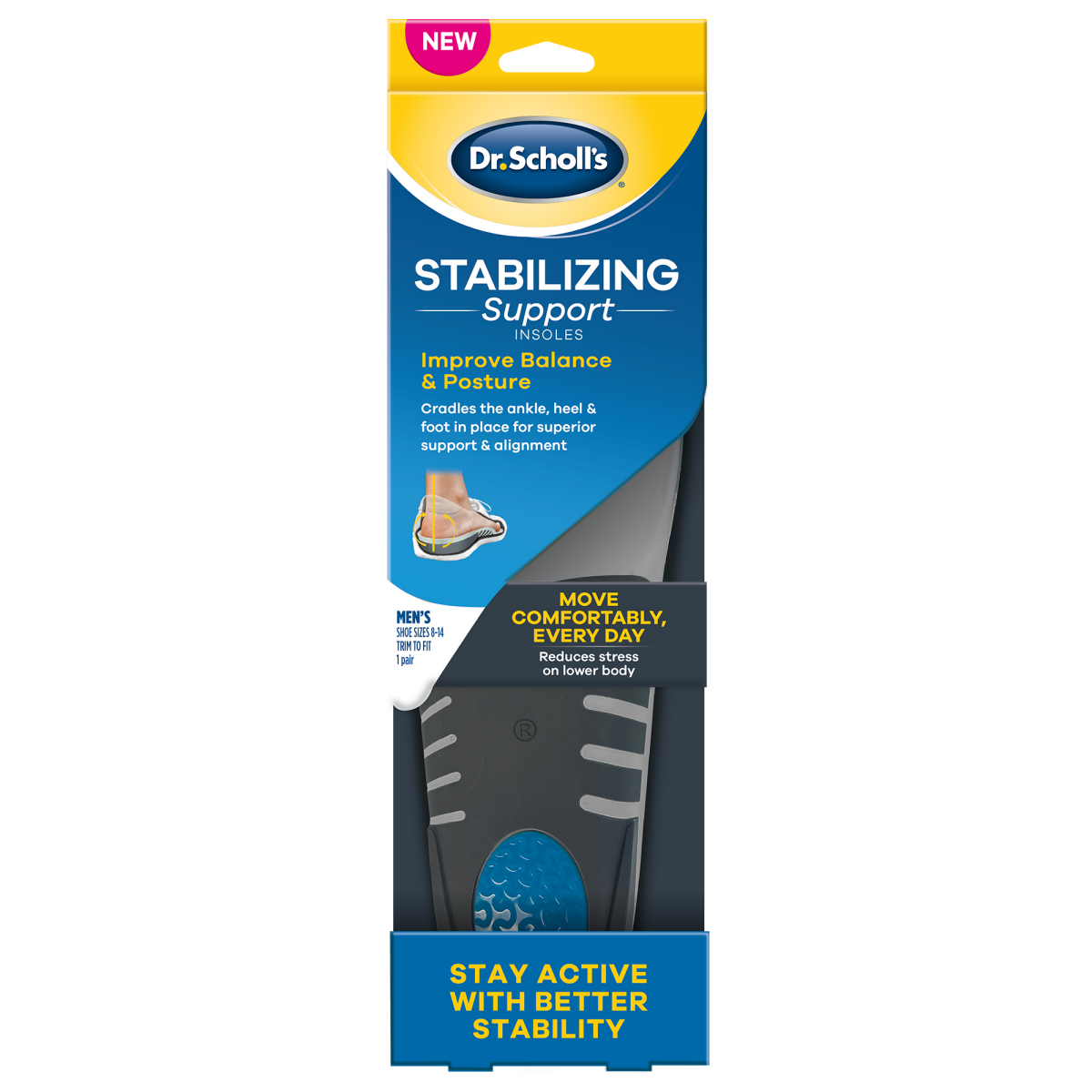 slide 1 of 5, Dr. Scholl's Stability Support Insoles, Flat Feet & Overpronation Low Arch Support, Improves Balance & Stability, Motion Control, Trim Inserts to Fit Shoes, Men's Size 8-14, 1 pair