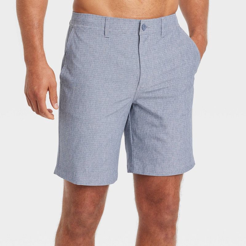 slide 1 of 3, Men's 9" Hybrid Swim Shorts - Goodfellow & Co™ Navy Blue 36: Recycled Polyester, UPF 50+, Stripe Pattern, 1 ct