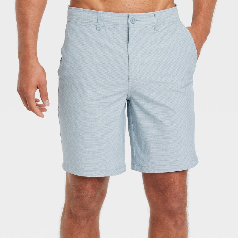 slide 1 of 3, Men's 9" Hybrid Swim Shorts - Goodfellow & Co™ Light Blue 28: Recycled Polyester, Elastane, UPF 50+, Regular Fit, 4-Way Stretch, 1 ct