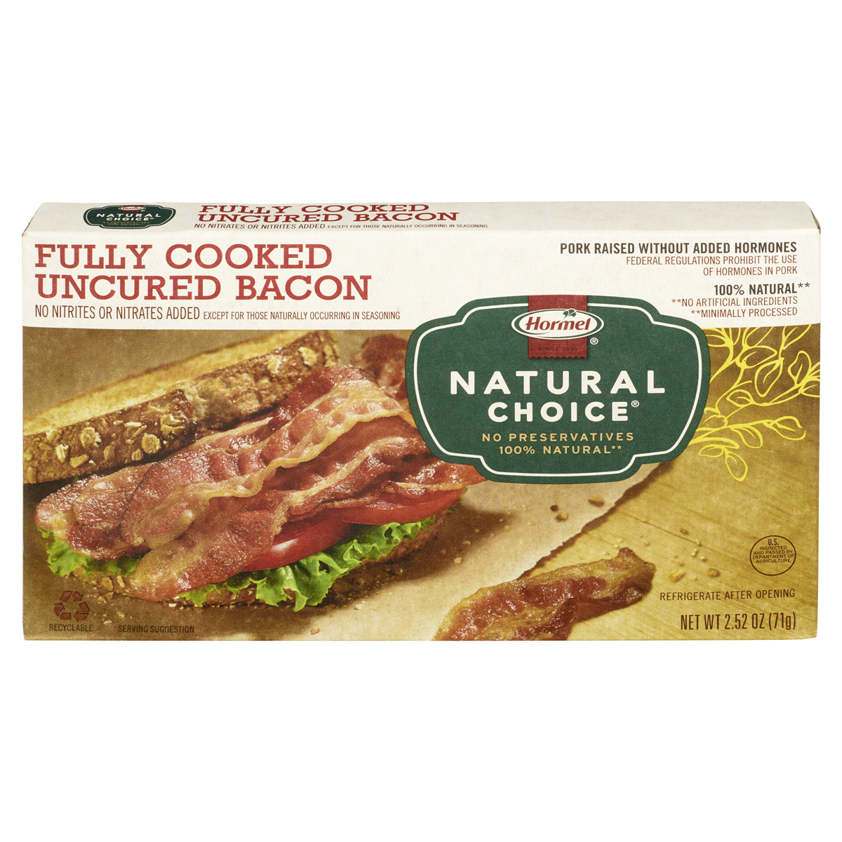 slide 1 of 8, Hormel NATURAL CHOICE Uncured Fully Cooked Bacon, 2.52 oz