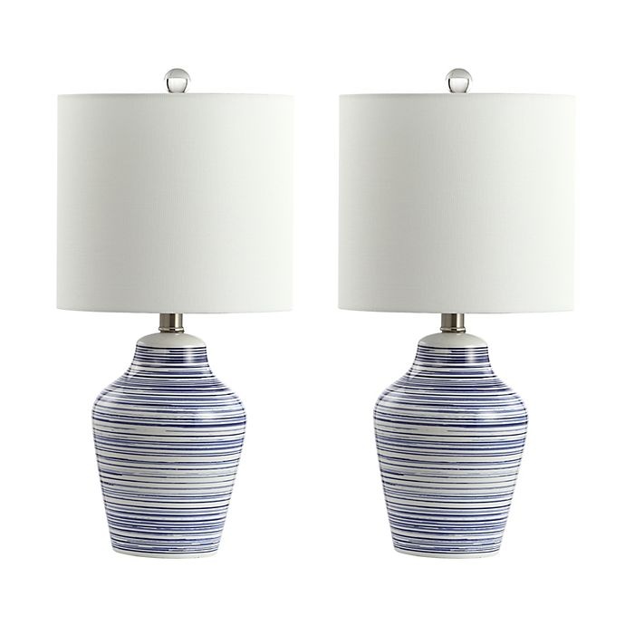 slide 1 of 4, Safavieh Maxton LED Table Lamp - Blue/White with Fabric Lamp Shade, 2 ct