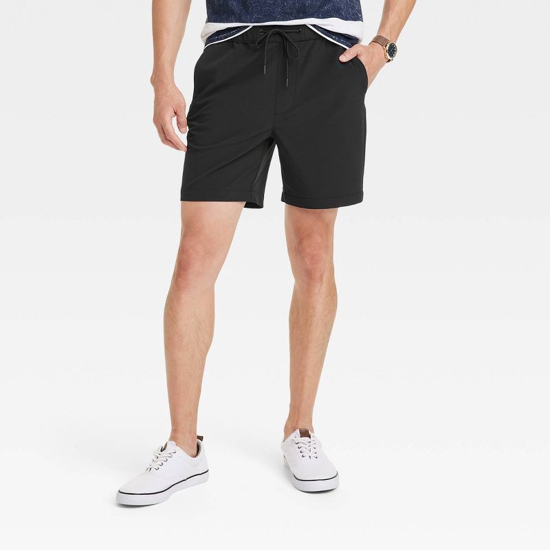 slide 1 of 3, Men's 7" Woven Tech E-Waist Pull-On Shorts - Goodfellow & Co™ Black S: Recycled Polyester, Spandex, Midweight, 4-Way Stretch, 1 ct
