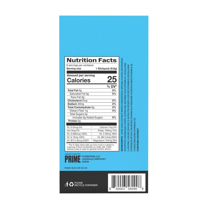 slide 3 of 5, Prime Hydration+ Blue Raspberry Sticks - 6pk/0.35 oz Sticks, 6 ct; 0.35 oz