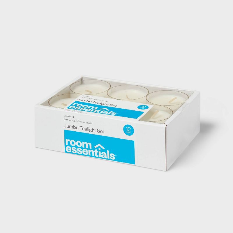 slide 1 of 3, 1" 12pk Unscented Jumbo Tealight Candles White - Room Essentials™: Paraffin Wax, 6.5hr Burn Time, 12ct, 12 ct