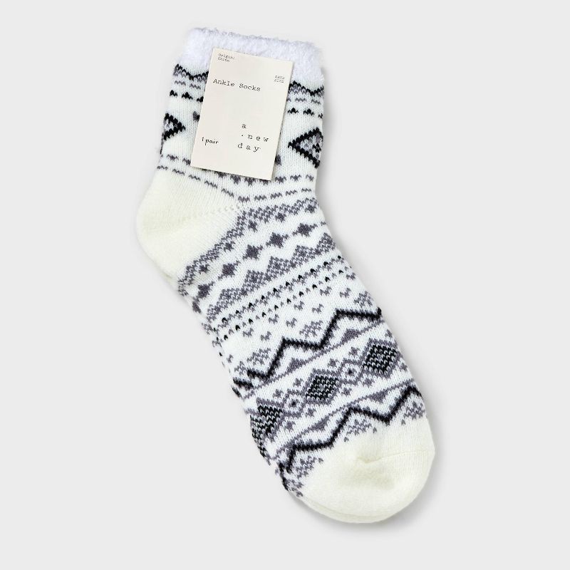 slide 2 of 3, Women's Snowflake Fair Isle Double Lined Cozy Ankle Socks - A New Day Ivory 4-10, 1 ct