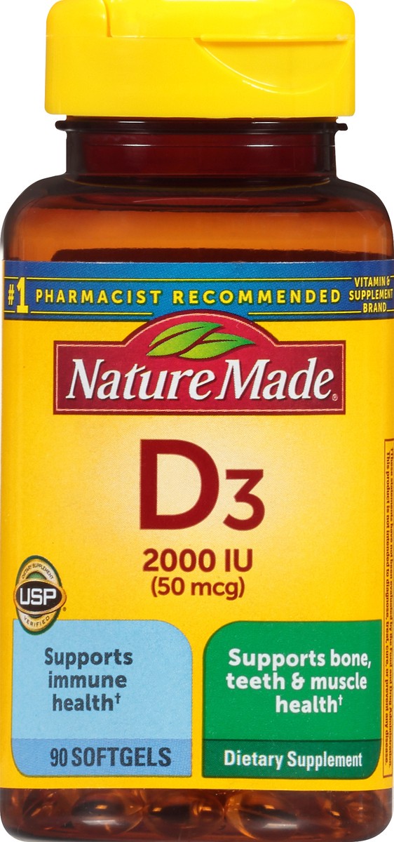 slide 5 of 10, Nature Made Vitamin D3 2000 IU (50 mcg), Dietary Supplement for Bone, Teeth, Muscle and Immune Health Support, 90 Softgels, 90 Day Supply, 90 ct