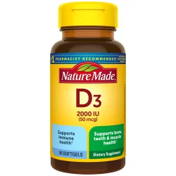 Nature Made Vitamin D3, 90 Softgels, Vitamin D 2000 IU (50 mcg) Helps Support Immune Health, Strong Bones and Teeth, & Muscle Function, 250% of the Daily Value for Vitamin D in Only One Daily Softgel