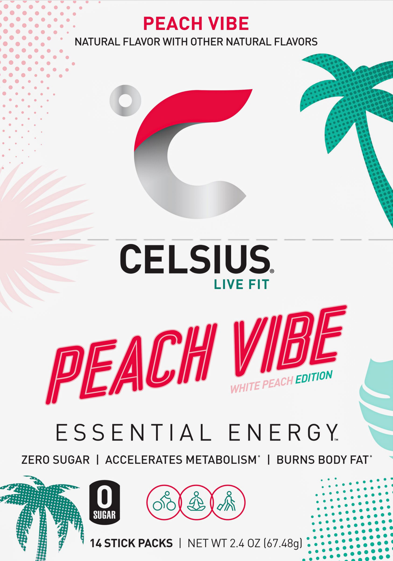 slide 1 of 2, CELSIUS On The Go Energy Drink Mix, Peach Vibe (14 Stick Pack), 14 ct
