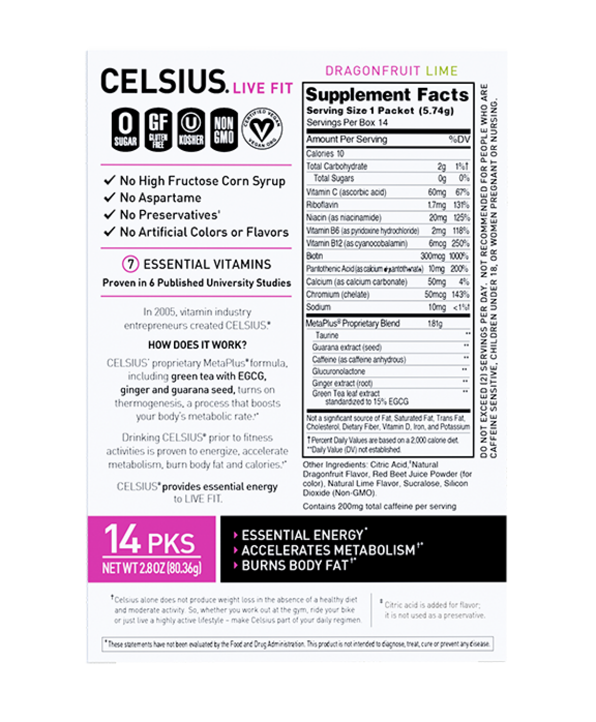 slide 2 of 2, CELSIUS On The Go Energy Drink Mix, Dragonfruit Lime (14 Stick Pack), 14 ct; 2.7 oz