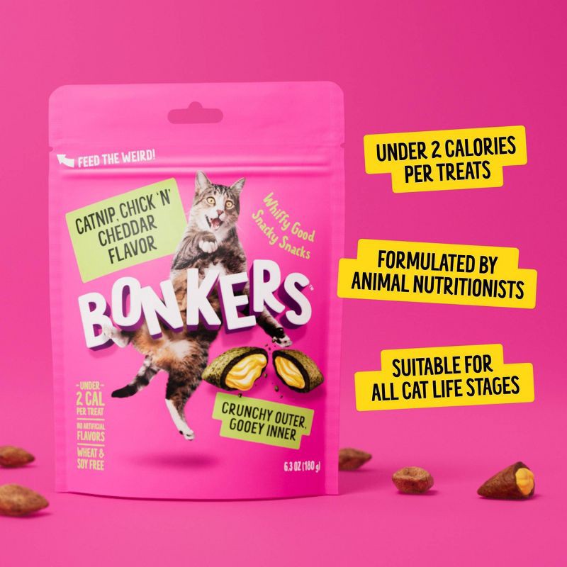 slide 5 of 12, Bonkers Adult Crunchy and Soft Cat Treats Chicken, Cheese & Catnip Flavor - 3oz, 3 oz