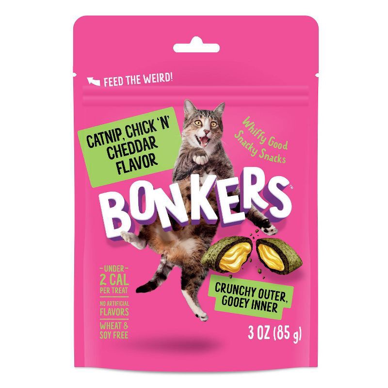 slide 1 of 12, Bonkers Adult Crunchy and Soft Cat Treats Chicken, Cheese & Catnip Flavor - 3oz, 3 oz