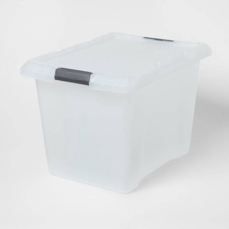 slide 1 of 5, Large Frosted Latching Storage Box - Brightroom™: Stackable Clear Tote, 76L Capacity, Polypropylene, Universal Storage, 76 liter