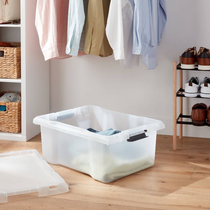 slide 2 of 5, Medium Frosted Latching Storage Box - Brightroom™: Stackable Polypropylene Tote with Lid, 48L Capacity, 48 liter