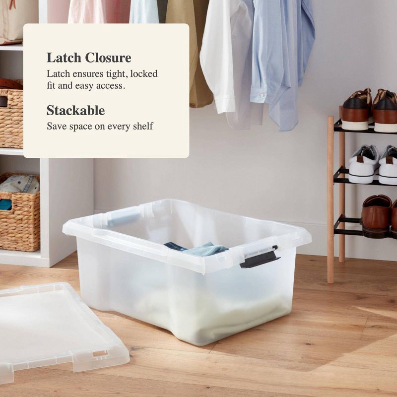 slide 4 of 5, Medium Frosted Latching Storage Box - Brightroom™: Stackable Polypropylene Tote with Lid, 48L Capacity, 48 liter