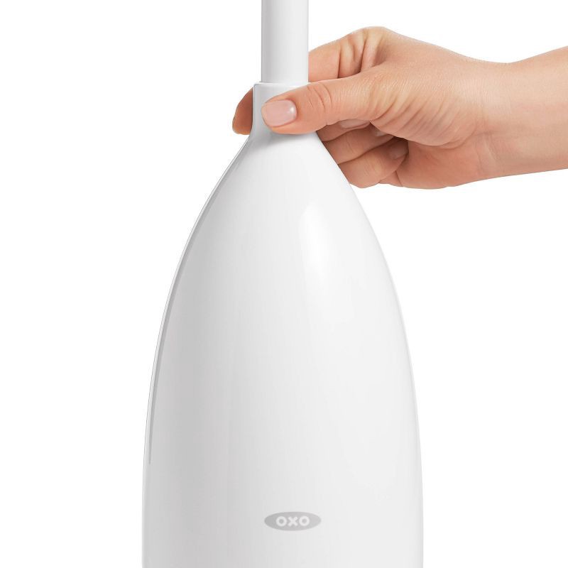 slide 4 of 7, OXO Toilet Brush with Rim Cleaner and Canister: Durable Plastic, Bathroom Cleaning Accessory, 1 ct