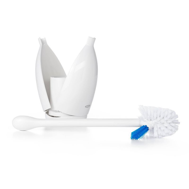 slide 7 of 7, OXO Toilet Brush with Rim Cleaner and Canister: Durable Plastic, Bathroom Cleaning Accessory, 1 ct
