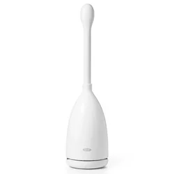 OXO Toilet Brush with Rim Cleaner and Canister: Durable Plastic, Bathroom Cleaning Accessory