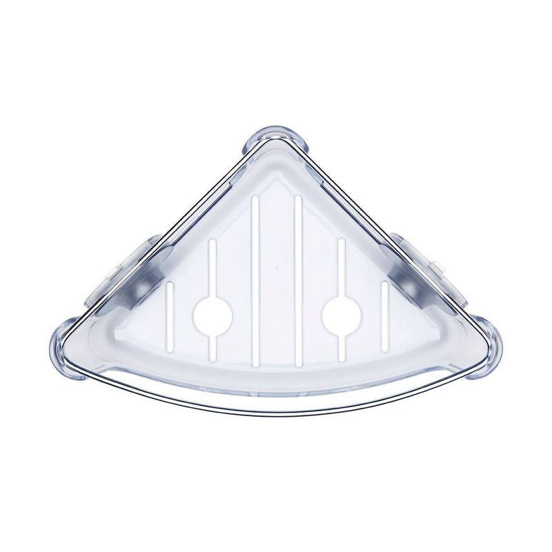 slide 3 of 8, OXO Stronghold Suction Corner Basket: Stainless Steel & Plastic Shower Organizer, Bath Storage, 1 ct