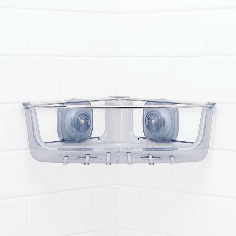 slide 5 of 8, OXO Stronghold Suction Corner Basket: Stainless Steel & Plastic Shower Organizer, Bath Storage, 1 ct