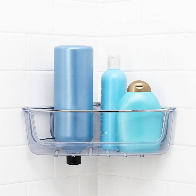 slide 6 of 8, OXO Stronghold Suction Corner Basket: Stainless Steel & Plastic Shower Organizer, Bath Storage, 1 ct