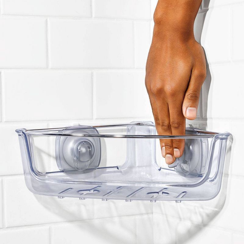 slide 8 of 8, OXO Stronghold Suction Corner Basket: Stainless Steel & Plastic Shower Organizer, Bath Storage, 1 ct
