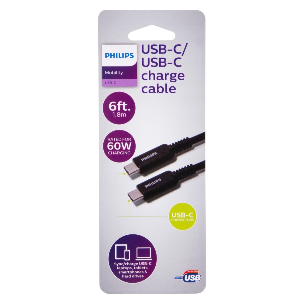 slide 2 of 5, Philips 6' Cable, USB-C to USB-C 60W Charge - Black, 6 ft