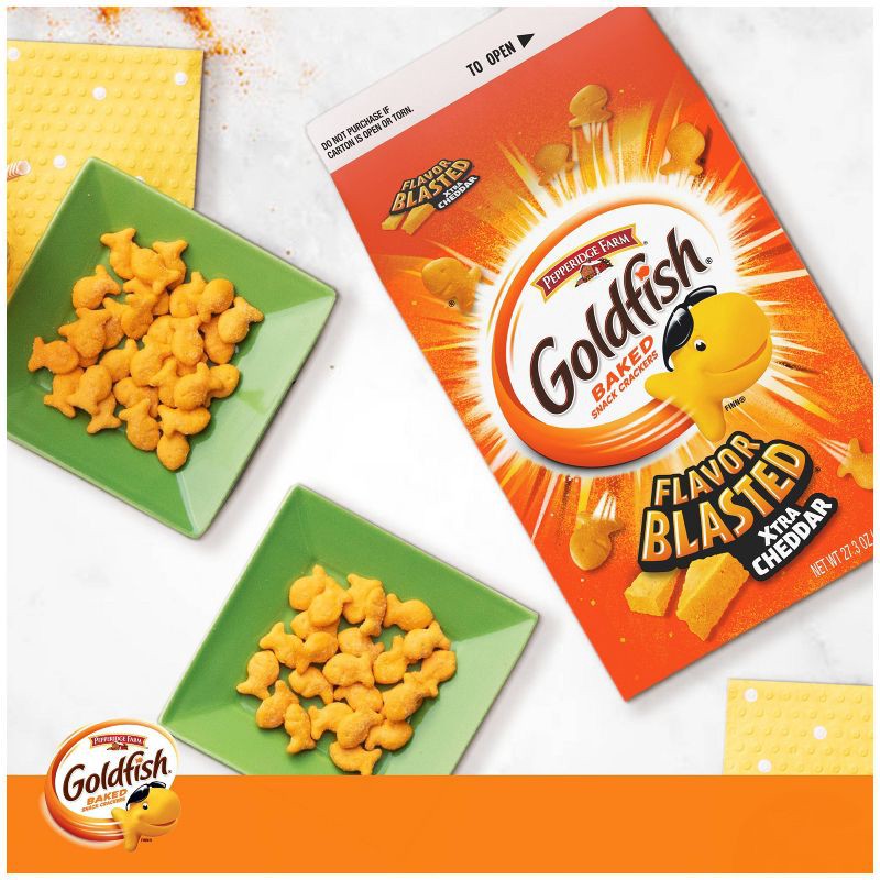 slide 3 of 8, Goldfish Flavor Blasted Xtra Cheddar Cheese Crackers Carton - 27.3oz, 27.3 oz