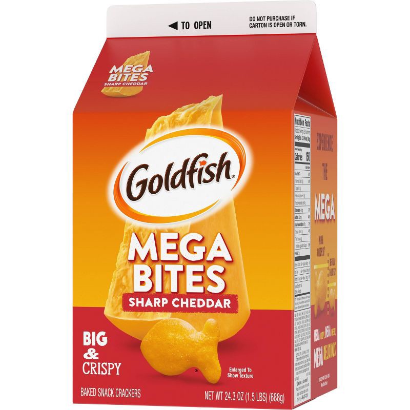 slide 7 of 7, Goldfish Mega Bites Sharp Cheddar Crackers Carton - 24.3oz, 24.3 oz