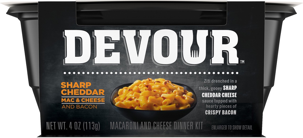 slide 5 of 9, DEVOUR Sharp Cheddar Mac & Cheese Bowl with Bacon Dinner Kit, 4 oz Tray, 4 oz