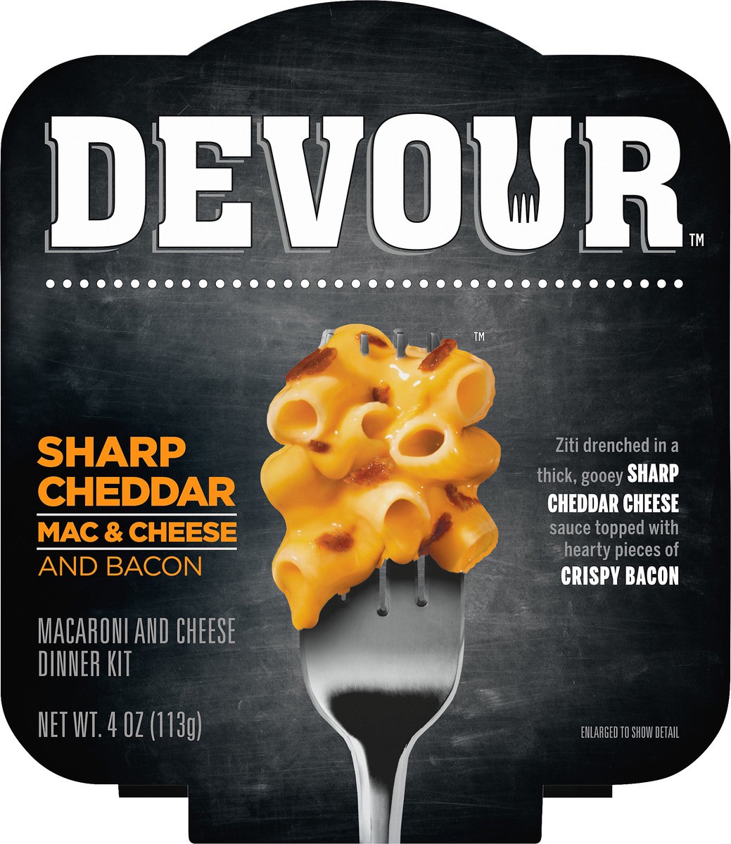 slide 6 of 9, DEVOUR Sharp Cheddar Mac & Cheese Bowl with Bacon Dinner Kit, 4 oz Tray, 4 oz