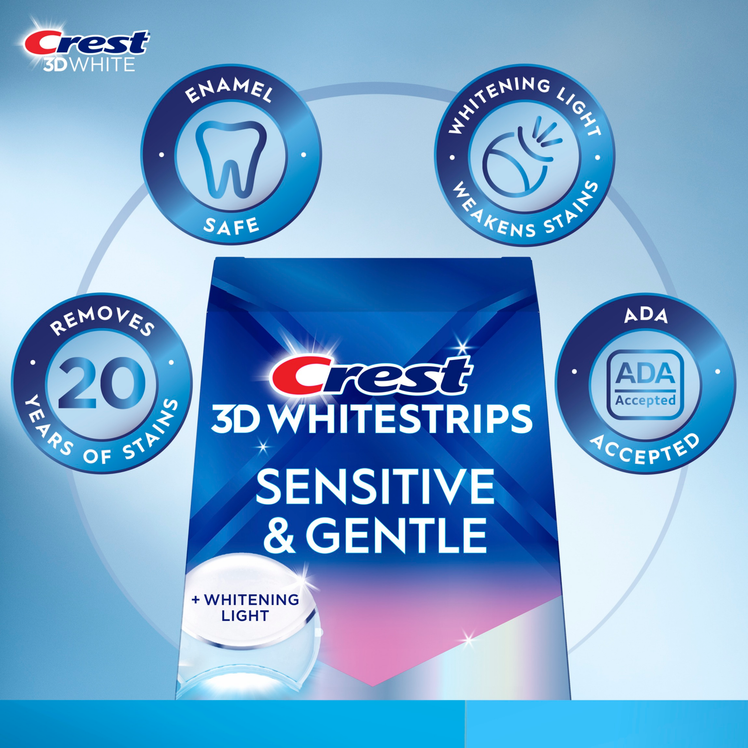 slide 7 of 8, Crest 3DWhitestrips Sensitive + LED Light At-Home Teeth Whitening Kit, 14 ct