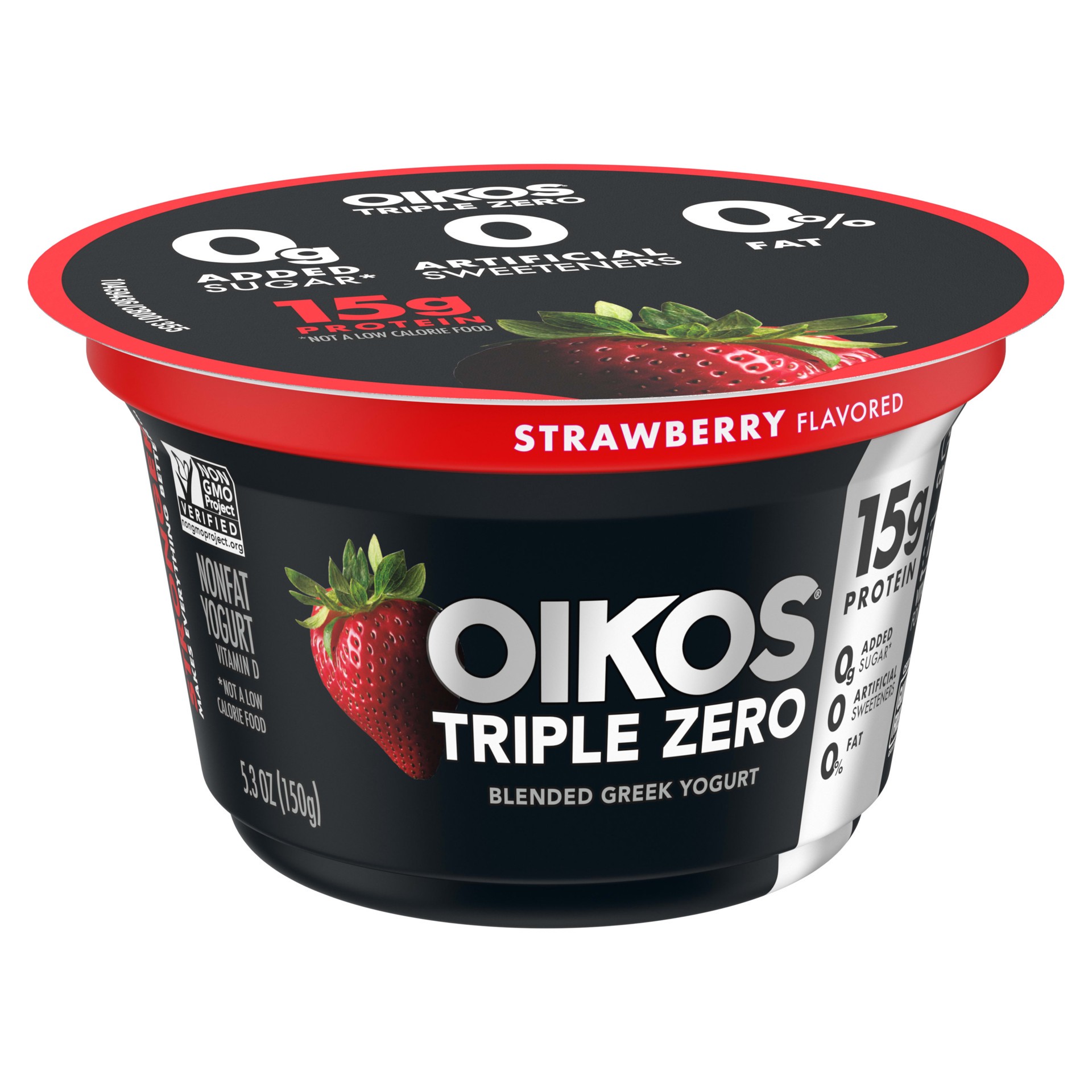 slide 4 of 5, Oikos Triple Zero Strawberry Nonfat Greek Yogurt, 0% Fat, 0g Added Sugar and 0 Artificial Sweeteners, Just Delicious High Protein Yogurt, 5.3 OZ Cup, 5.3 oz