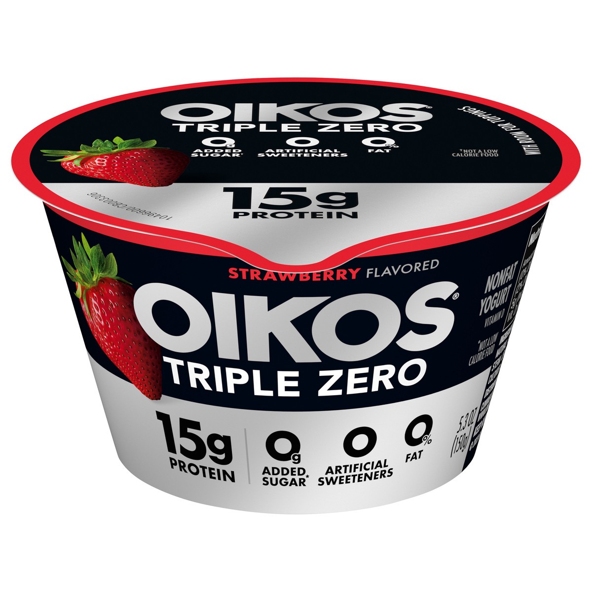 slide 1 of 5, Oikos Triple Zero Strawberry Nonfat Greek Yogurt, 0% Fat, 0g Added Sugar and 0 Artificial Sweeteners, Just Delicious High Protein Yogurt, 5.3 OZ Cup, 5.3 oz