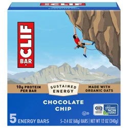 CLIF BAR - Chocolate Chip - Made with Organic Oats - Energy Bars - Non-GMO - Plant Based Protein Bars (5 Pack)