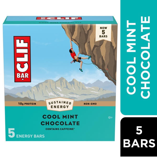 slide 1 of 6, CLIF BAR - Cool Mint Chocolate with Caffeine - Made with Organic Oats - Energy Bars - Non-GMO - Plant Based Protein Bars (5 Pack), 5 ct