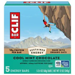 CLIF BAR - Cool Mint Chocolate with Caffeine - Made with Organic Oats - 10g Protein - Non-GMO - Plant Based - Energy Bars - 2.4 oz. (5 Pack)