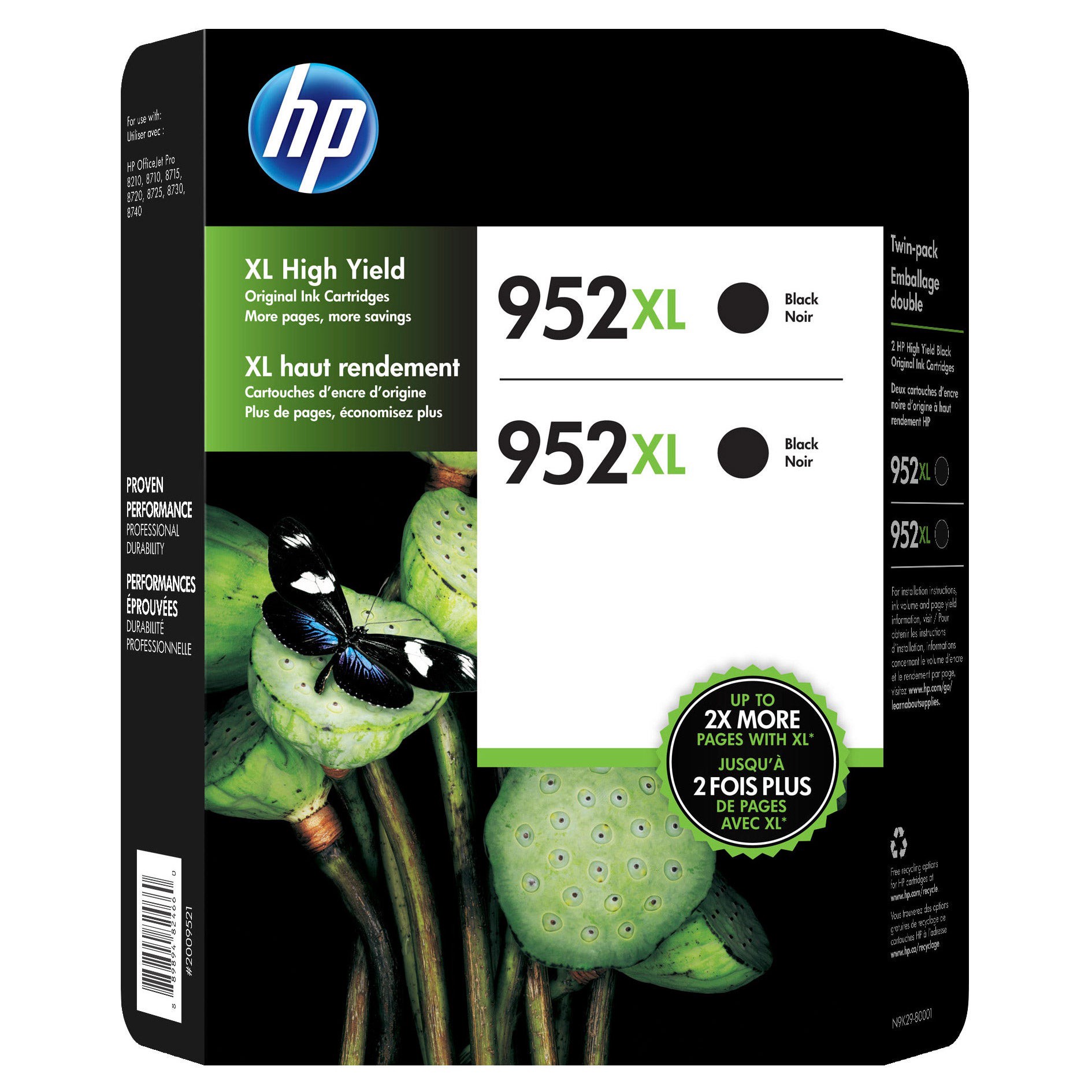 slide 1 of 1, HP 952XL High Yield Ink Cartridge, Black, 2 count, 