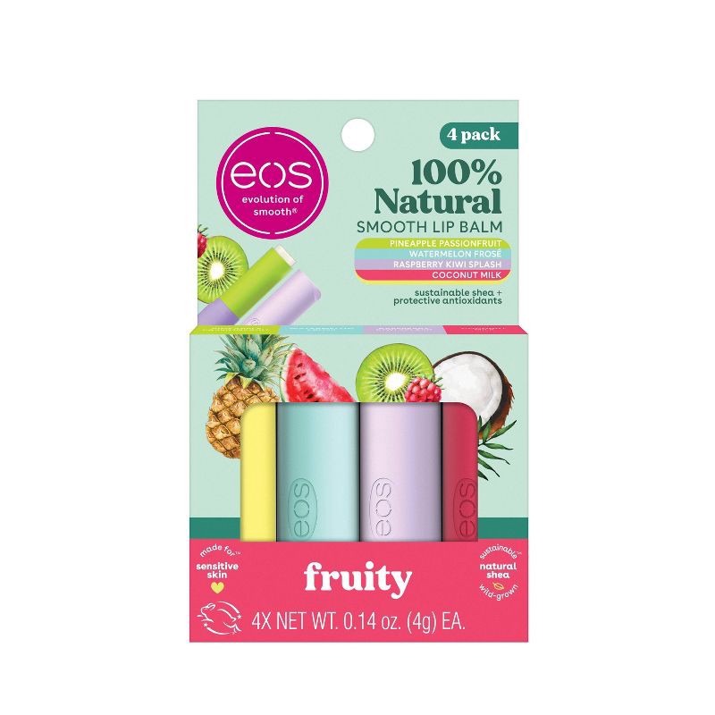 slide 1 of 6, eos 100% Natural Shea Lip Balm Variety Pack - Fruity - 0.56oz/4pk, 0.56 oz, 4 ct