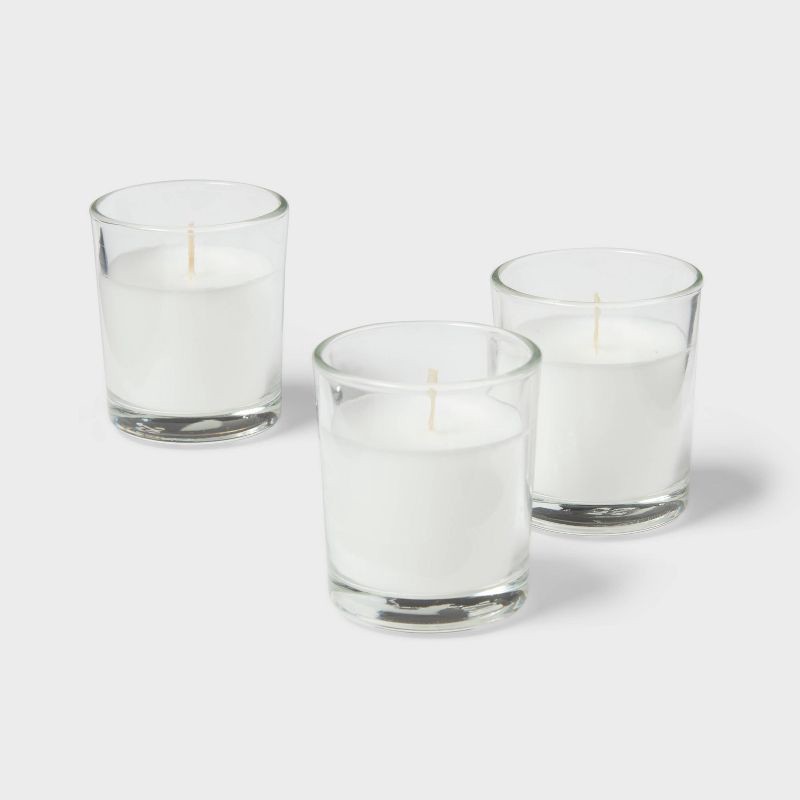 slide 3 of 3, 2.3" 8pk Unscented Votive Candle Set White - Room Essentials™: Paraffin Wax, Glass Holder, 15hr Burn Time, 8 ct