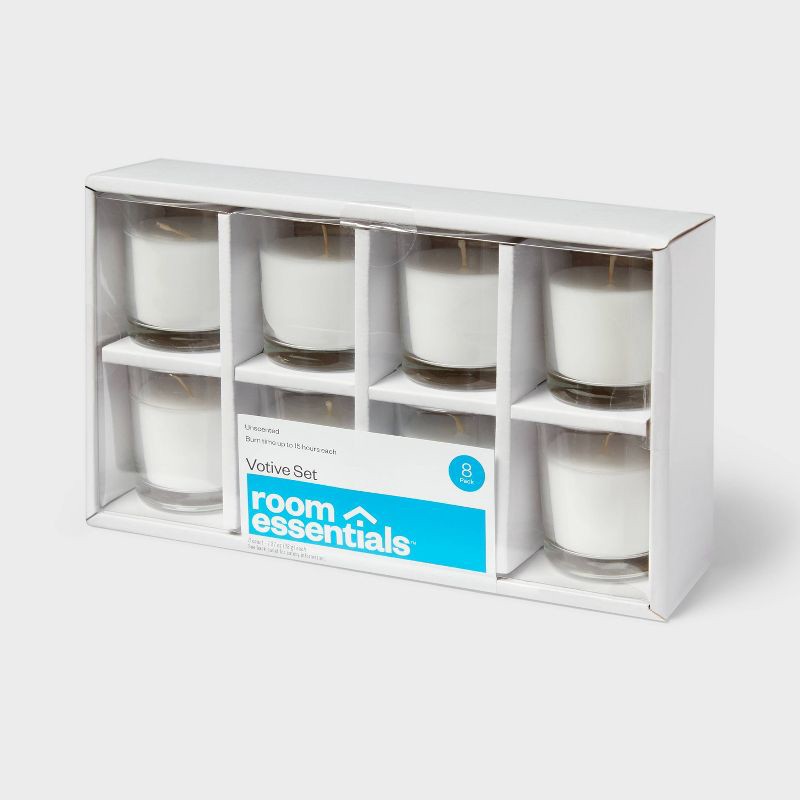 slide 1 of 3, 2.3" 8pk Unscented Votive Candle Set White - Room Essentials™: Paraffin Wax, Glass Holder, 15hr Burn Time, 8 ct