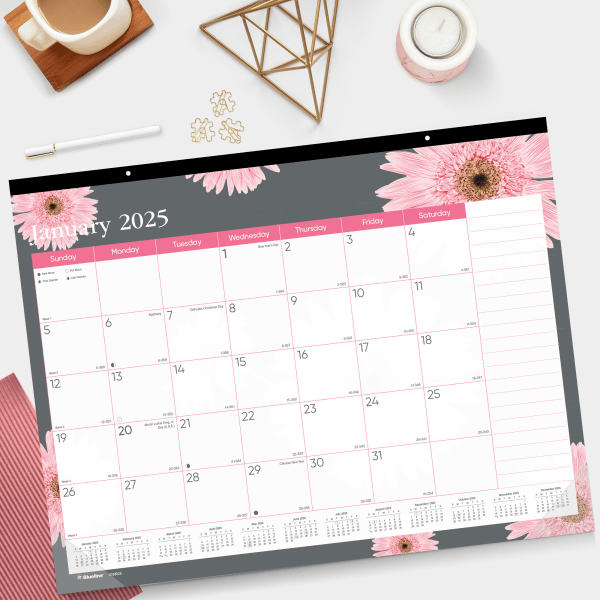 slide 2 of 4, 2025 Blueline Monthly Desk Pad Calendar, 22"" X 17"", Pink Daisy, January To December, 1 ct