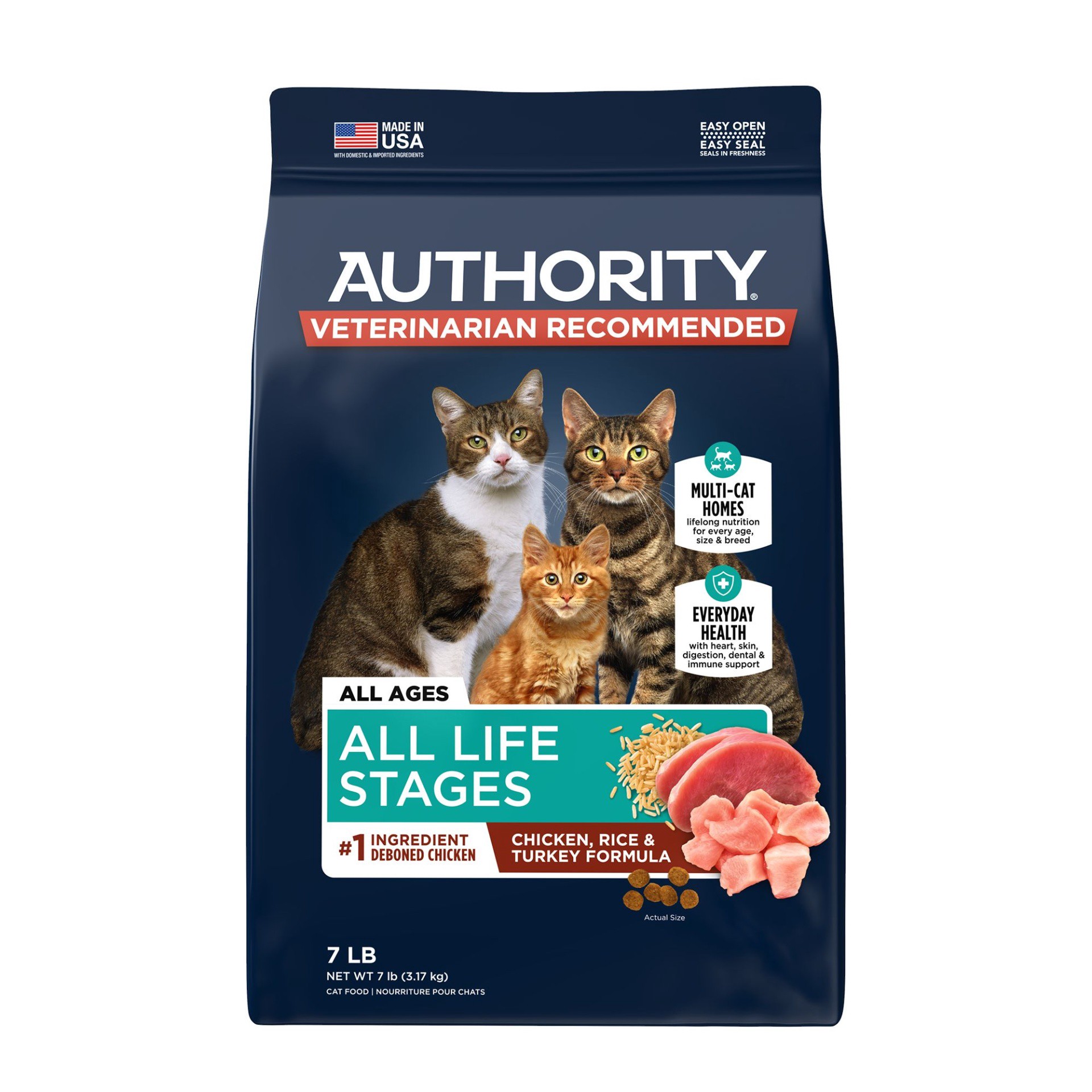 slide 1 of 1, Authority Everyday Health Indoor Cat Dry Food - Chicken, Rice, & Turkey, With-Grain, 7 lb