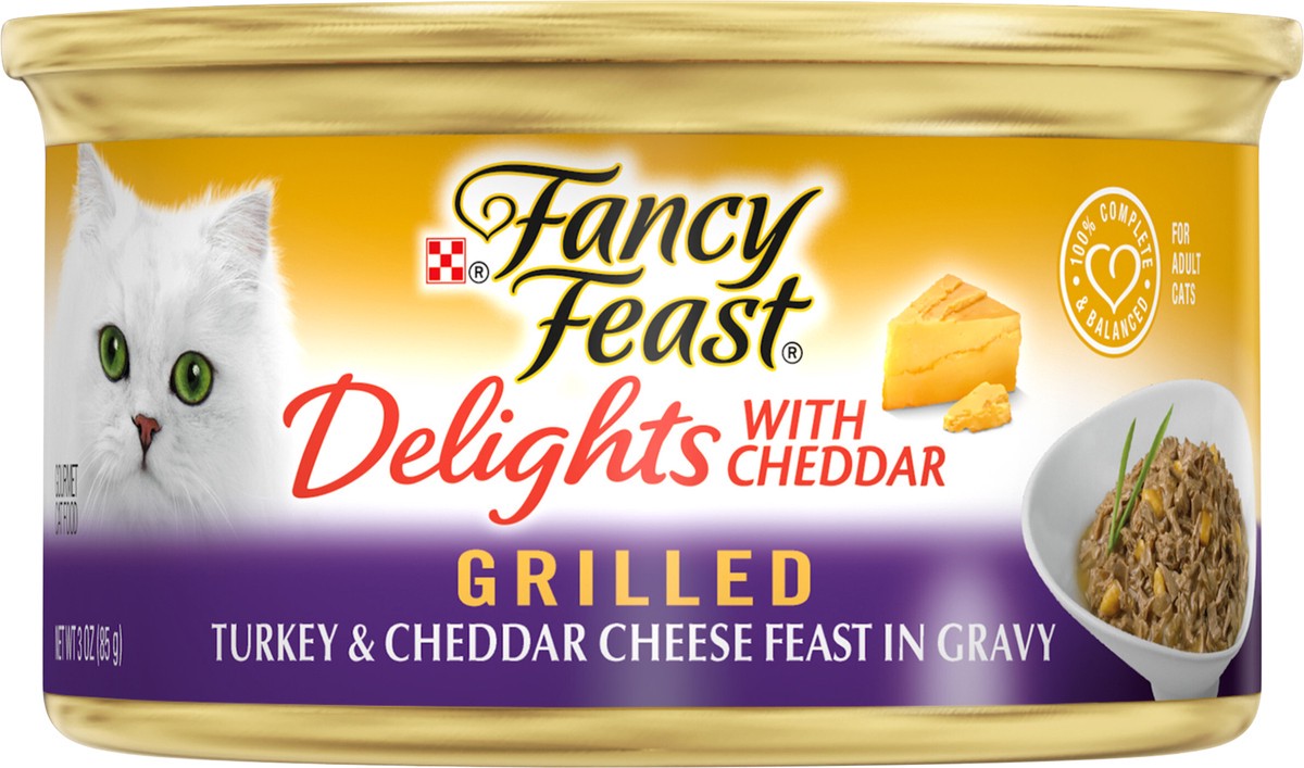 slide 2 of 3, Fancy Feast Purina Fancy Feast Gravy Wet Cat Food, Delights Grilled Turkey & Cheddar Cheese Feast in Gravy, 3 oz