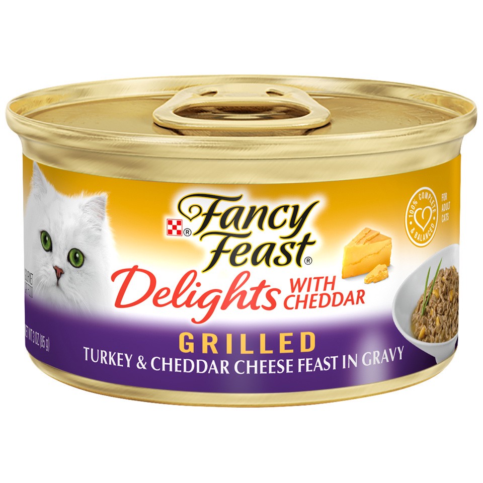 slide 1 of 3, Fancy Feast Purina Fancy Feast Gravy Wet Cat Food, Delights Grilled Turkey & Cheddar Cheese Feast in Gravy, 3 oz