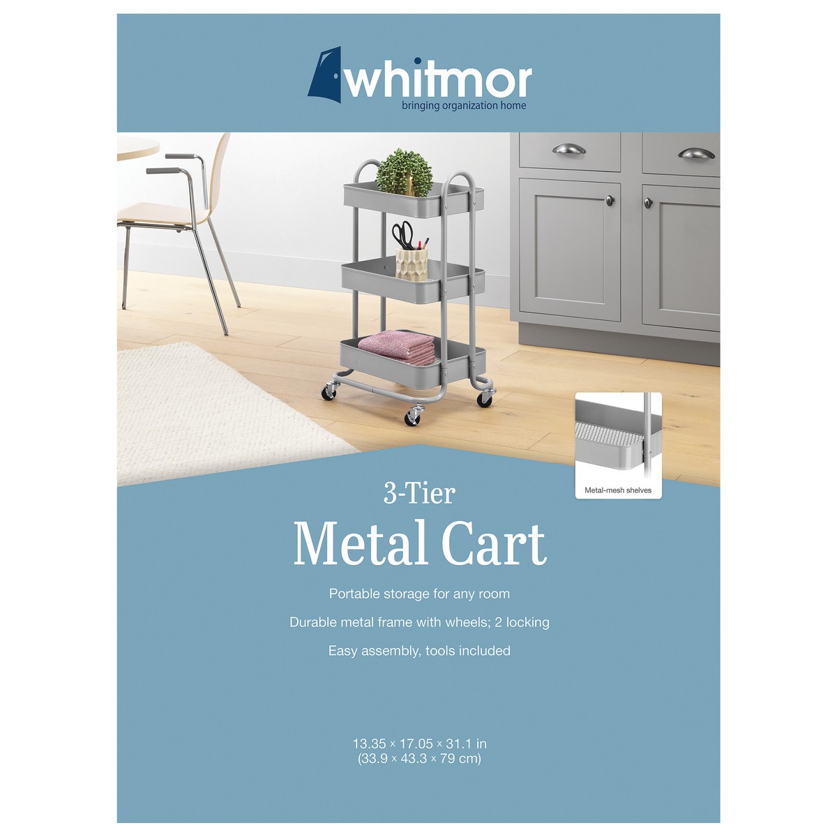 slide 1 of 6, Whitmor 3-Tier Rolling Metal Cart - Alloy Gray, 1 ct