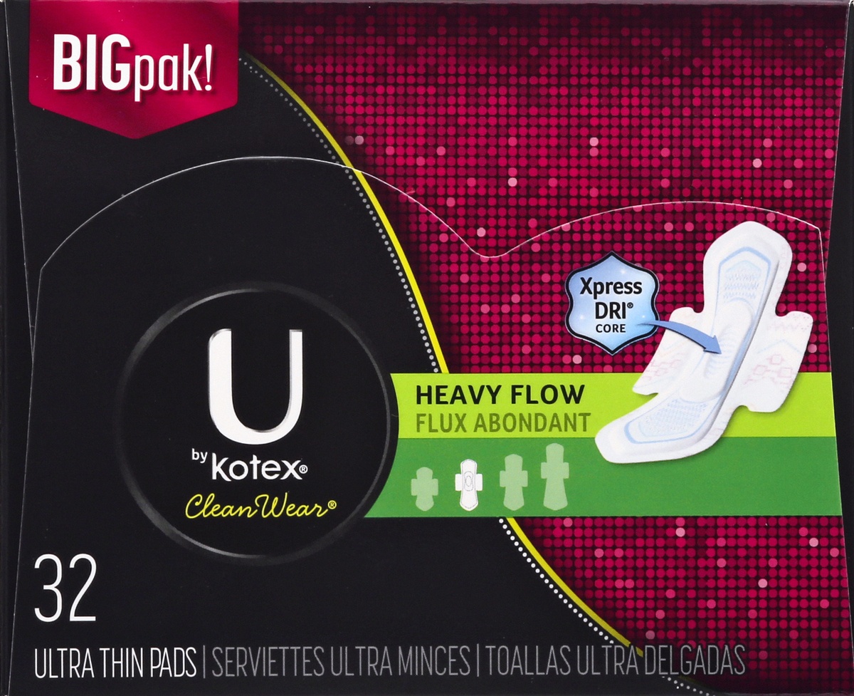 slide 4 of 8, U By Kotex Cleanwear Heavy Flow Fragrance-Free Ultra Thin Pads With Wings, 32 ct
