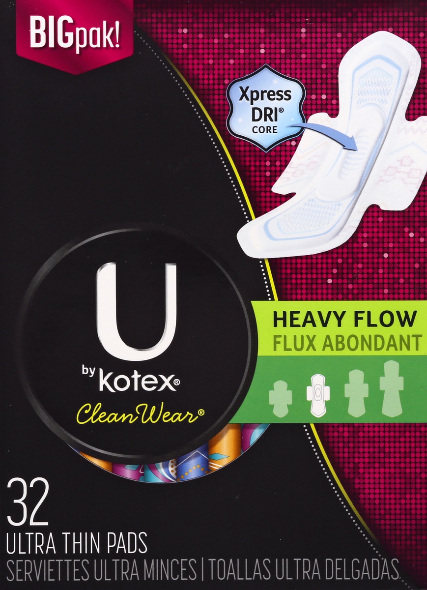 slide 7 of 8, U By Kotex Cleanwear Heavy Flow Fragrance-Free Ultra Thin Pads With Wings, 32 ct