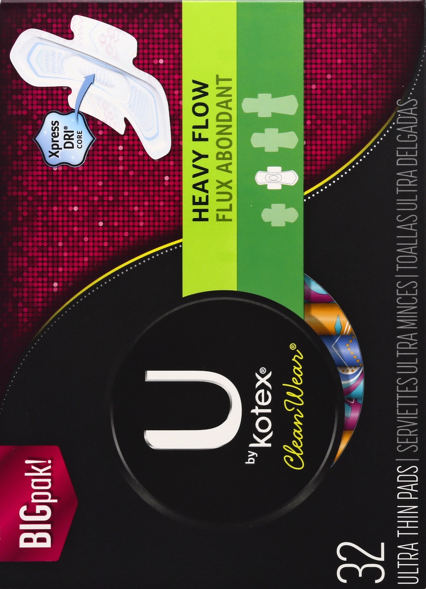 slide 8 of 8, U By Kotex Cleanwear Heavy Flow Fragrance-Free Ultra Thin Pads With Wings, 32 ct