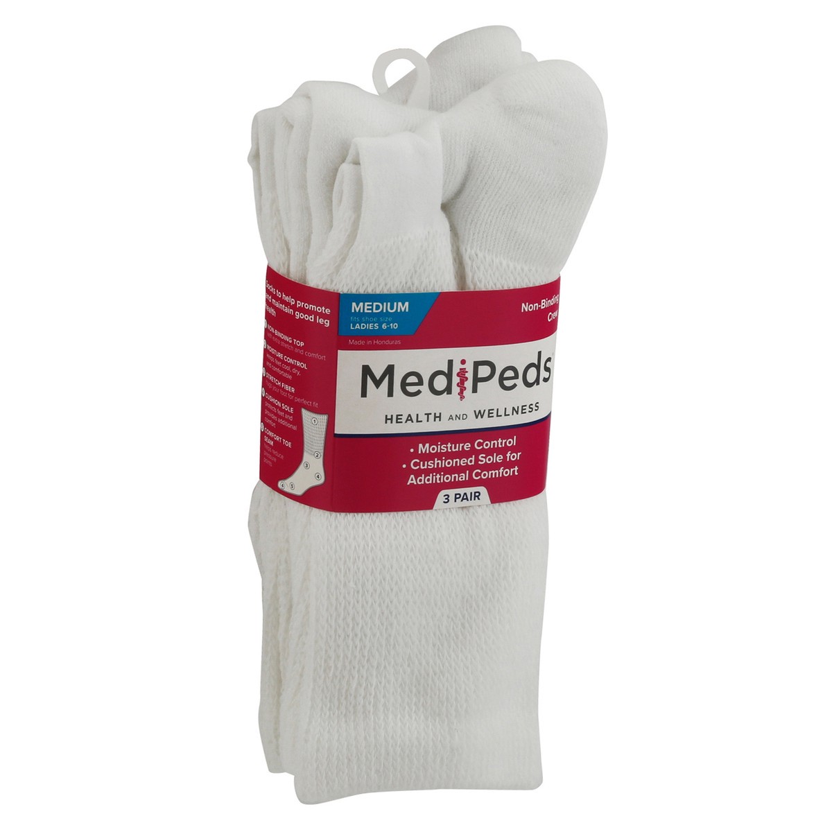 slide 6 of 9, MediPeds Unisex White Cushioned Non-Binding Crew Socks Medium 3 ea, 3 ct