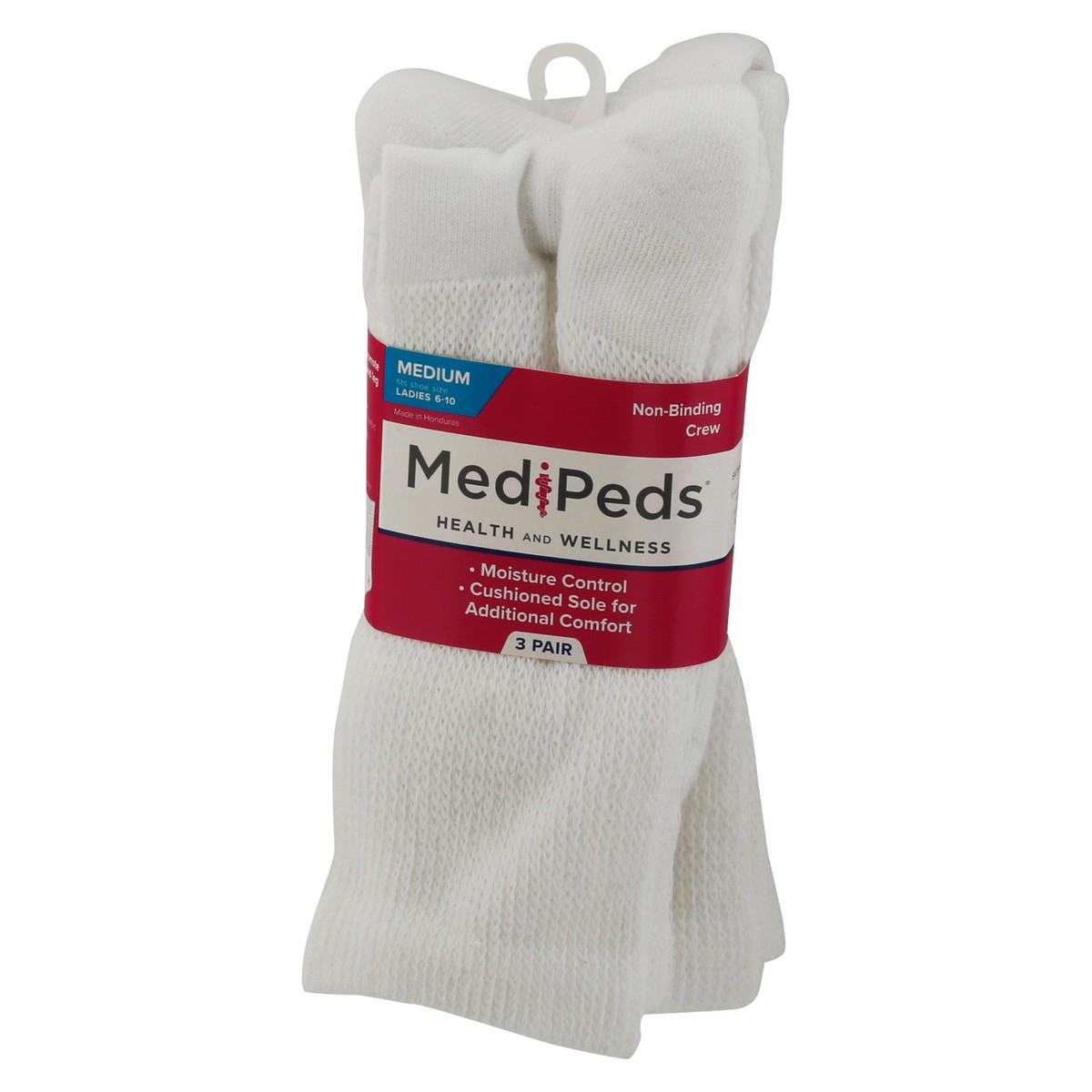 slide 5 of 9, MediPeds Unisex White Cushioned Non-Binding Crew Socks Medium 3 ea, 3 ct